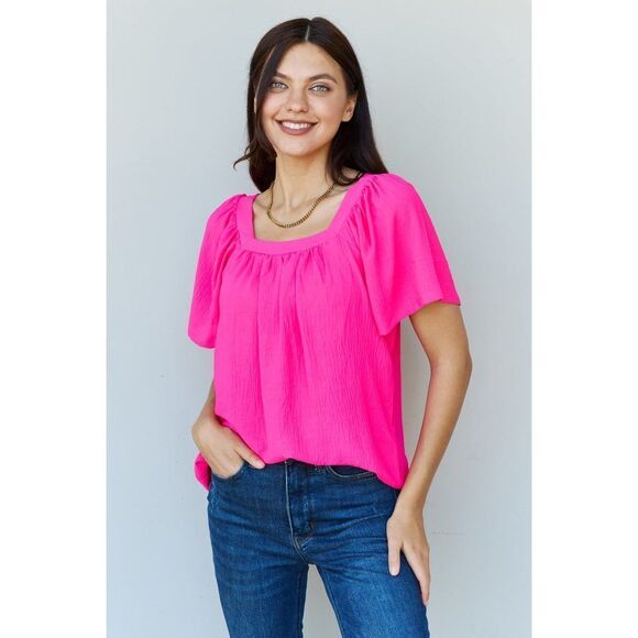 Ninexis Keep Me Close Square Neck Short Sleeve Blouse In Fuchsia - Picture 1 of 4